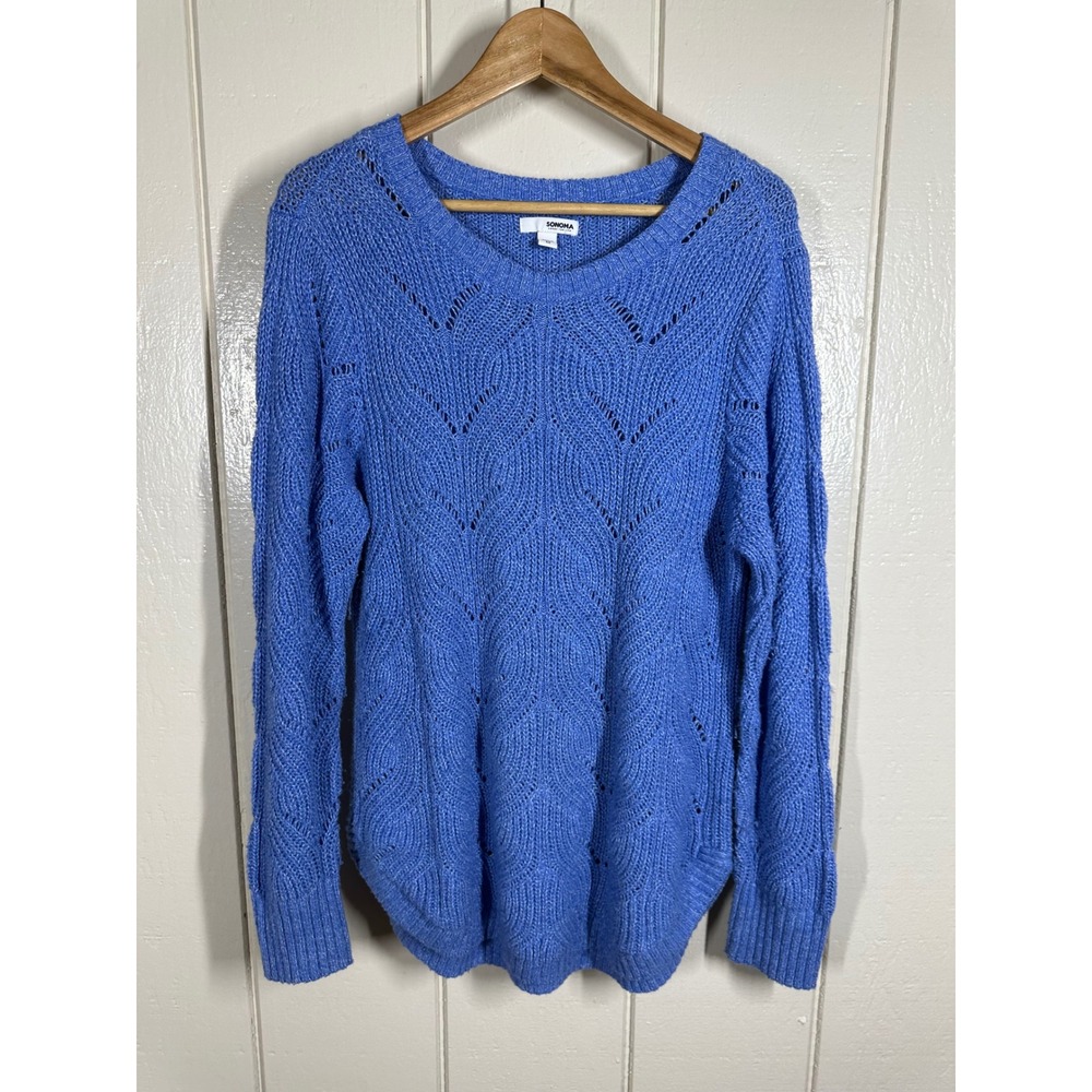 Sonoma Sweater Womens M Blue Pointelle Knit Pullover Long Sleeve Crew Neck 7704